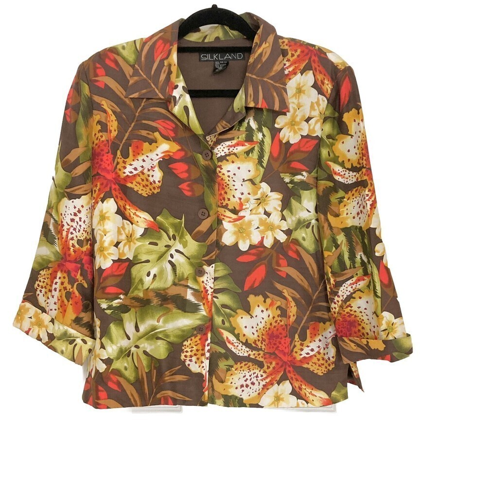 SilkLand Women's Size 12 100% Silk Vintage Floral Button Up Jacket Tropical Top